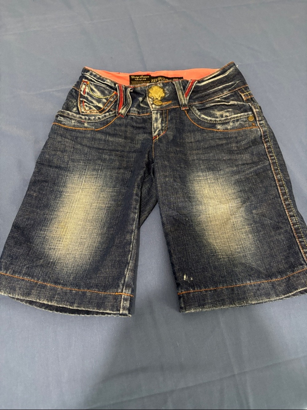 Y2K distressed Vintage Women's Dark Wash Denim Jean Shorts with Subtle Fading